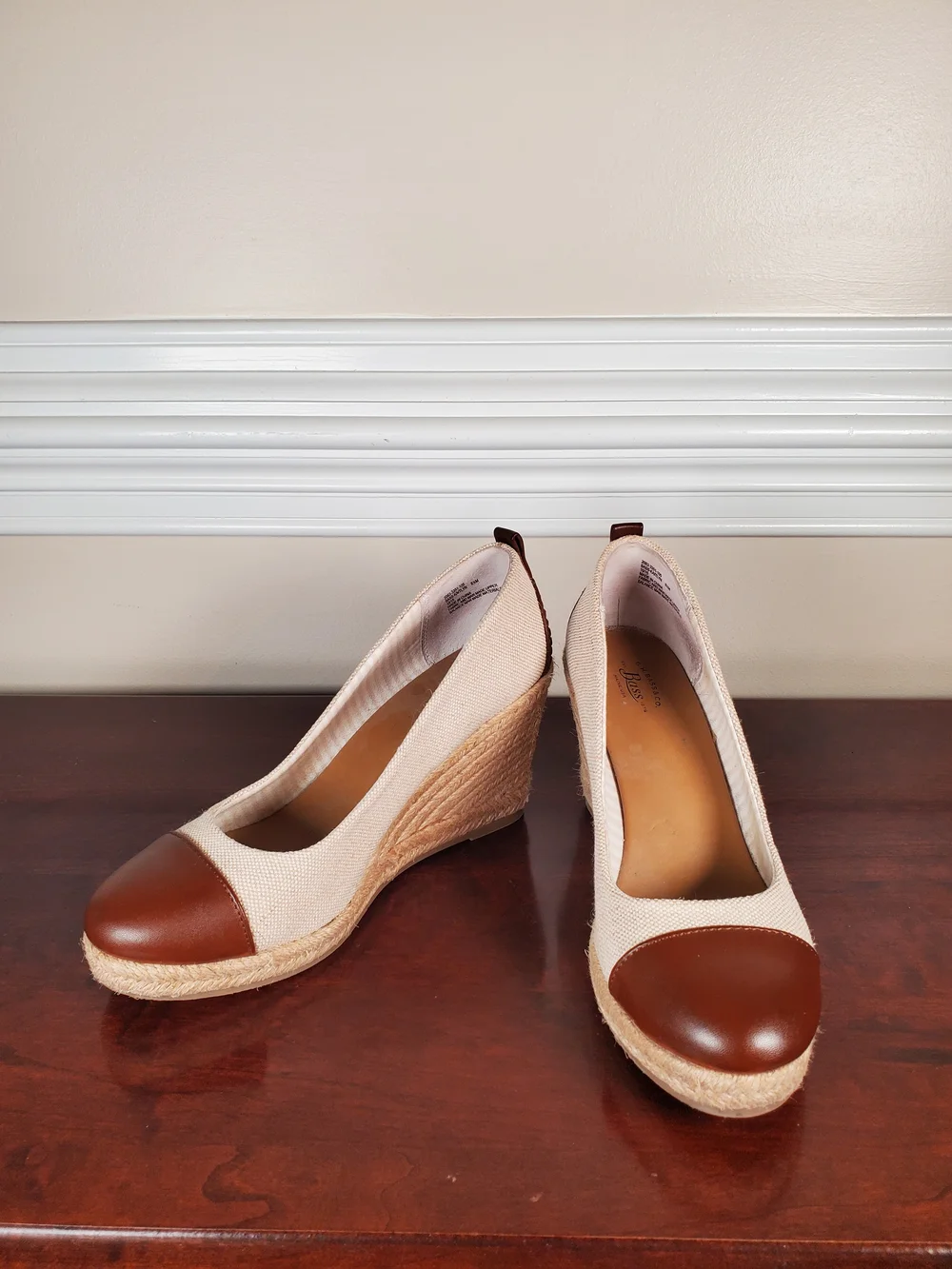 G.H. Bass & Co. - Kaitlyn Beige Canvas and Brown  Faux Leather Espadrille Wedges